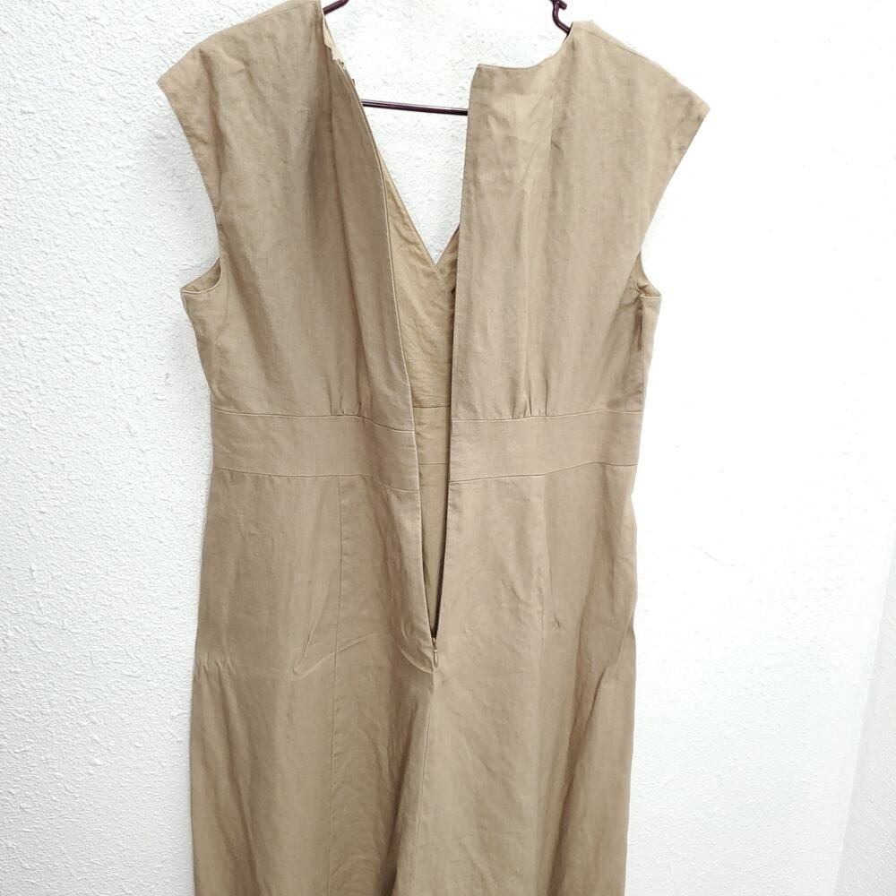 SUNDANCE 100% Linen Tan Lagenlook Surplice Neckline Midi Dress - Picture 9 of 9